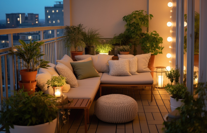 narożna kanapa na balkon z dużą ilościa poduszek, doniczek z kwiatami i białą plecioną pufą