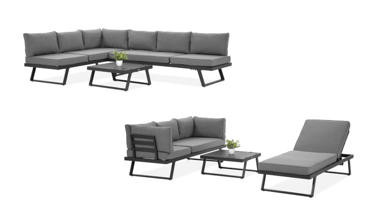Modul&aacute;rn&iacute; rohov&aacute; sedac&iacute; souprava MIDWAY Dark Grey &ndash; FOCUS GARDEN v různ&yacute;ch variant&aacute;ch uspoř&aacute;d&aacute;n&iacute; na b&iacute;l&eacute;m pozad&iacute;