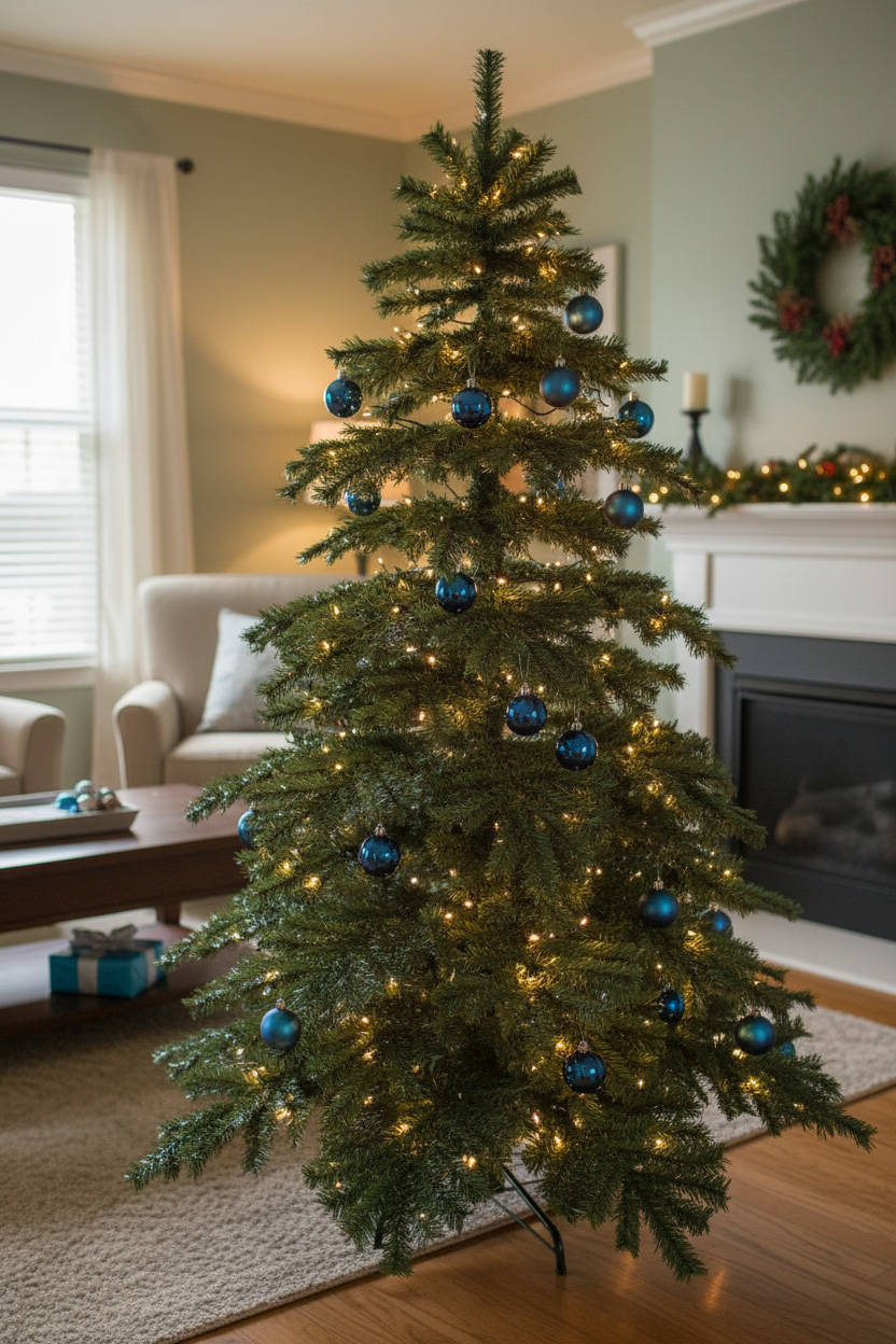 Vánoční stromek s teplými světýlky v obývacím pokoji; krb v pozadí.