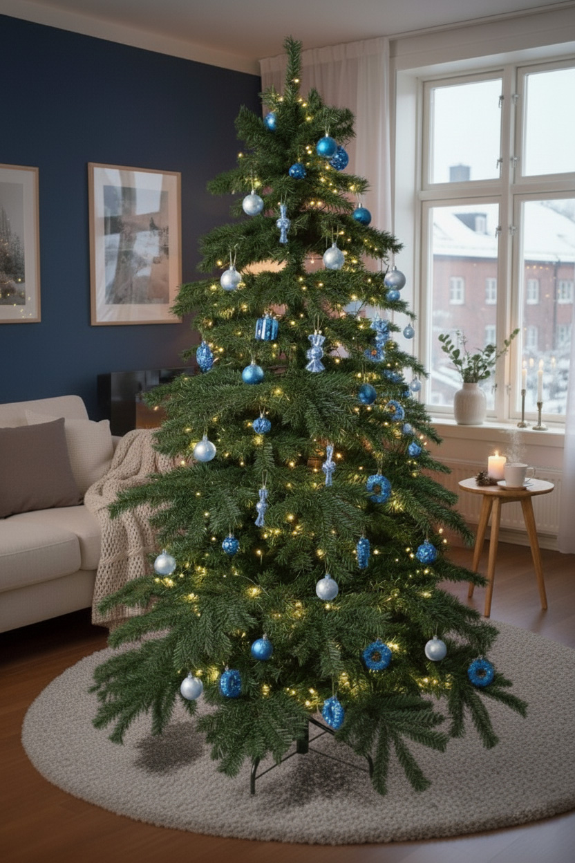 Vánoční stromek u okna v obývacím pokoji; modro-stříbrné ozdoby, svíčky na stolku.