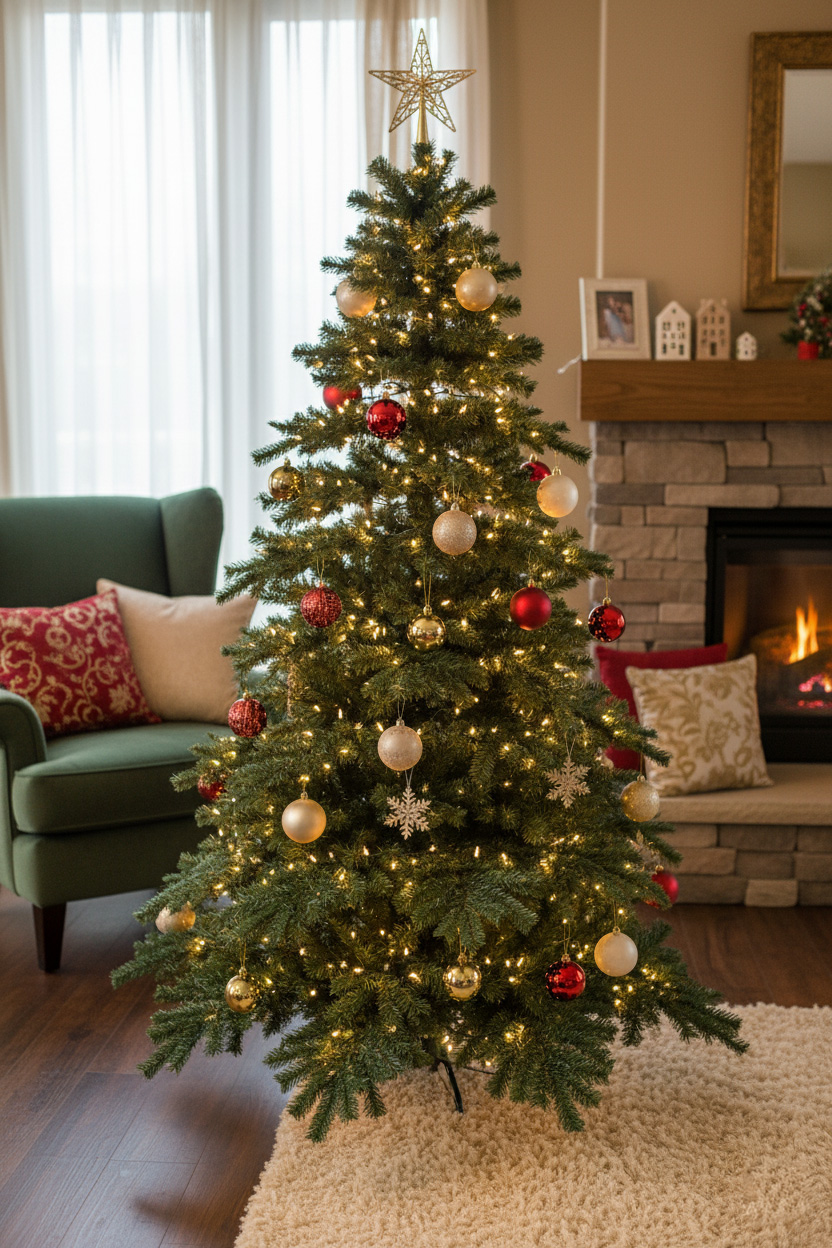 Vánoční stromek v krbové místnosti; teplá světýlka, červeno-zlaté dekorace, krb a koberec.