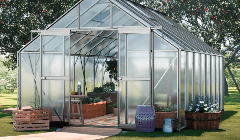 Polykarbonátový zahradní skleník Slide-In 305x489cm ve stříbrné barvě od Cultivo v zelené zahradě