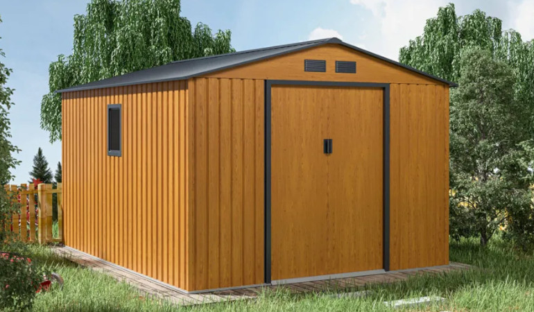 Domek narzędziowy w zielonym ogrodzie o modelu HUDSON w wymiarach 277x319cm w kolorze Oak Grey marki Hardmaister
