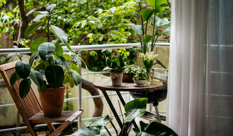 Balkon z roślinami ustawionymi na meblach 