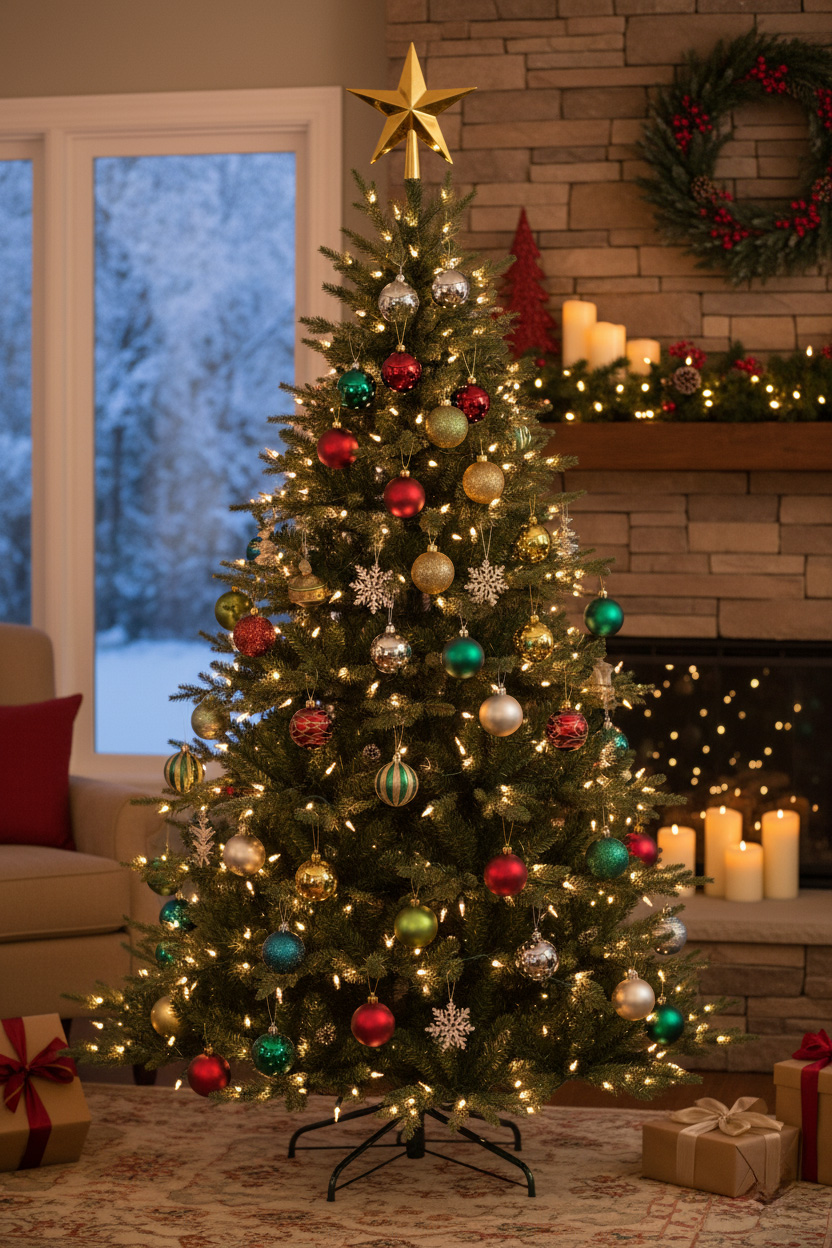 Stromek s hvězdou a červeno-zlato-zelenými ozdobami; kamenný krb, svíčky a dárky na koberci.