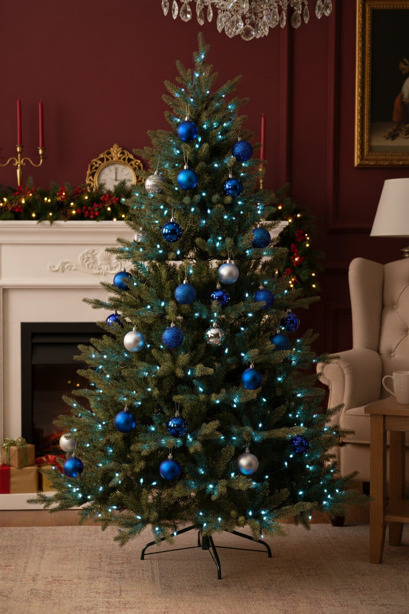 Stromek s modro-stříbrnými baňkami u bílého krbu; bordová stěna, křeslo a dárky vedle.