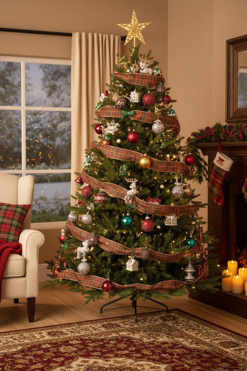 Stromek s tartanovou stuhou, červenými a tyrkysovými baňkami; křeslo s plédem, krb a svíčky.