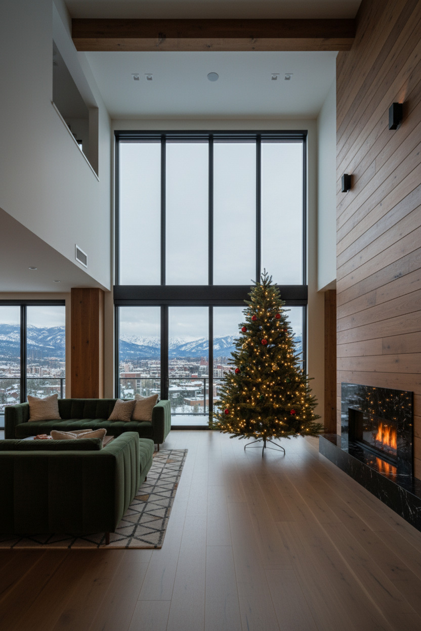 Choinka u vysokých prosklení v lounge; hory a město v pozadí, zelená pohovka, nástěnný krb.