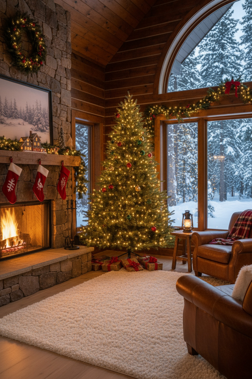 Choinka vedle kamenného krbu v krbové místnosti; světelné girlandy, výhled na zimní les.