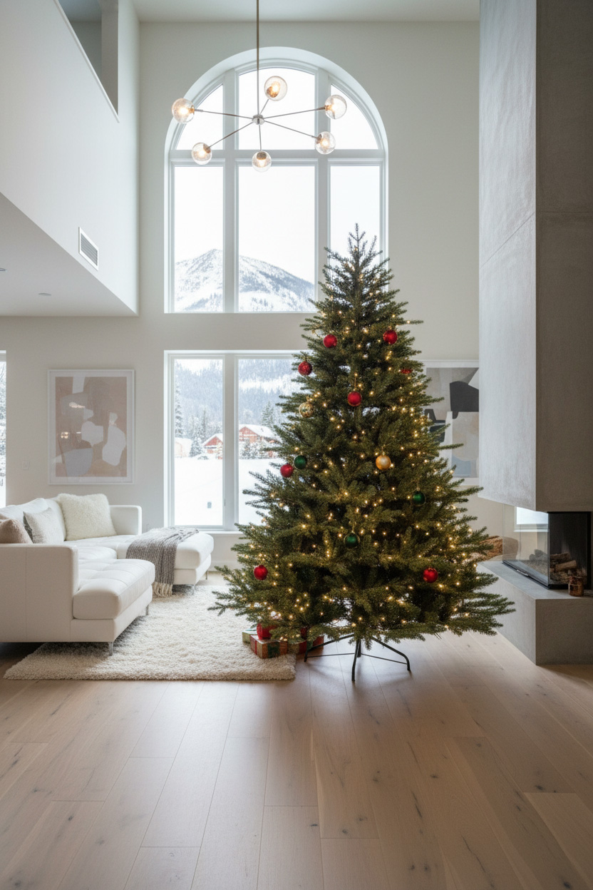 Choinka s teplými světly v denní místnosti; velké obloukové okno, světlá pohovka, liniový krb.