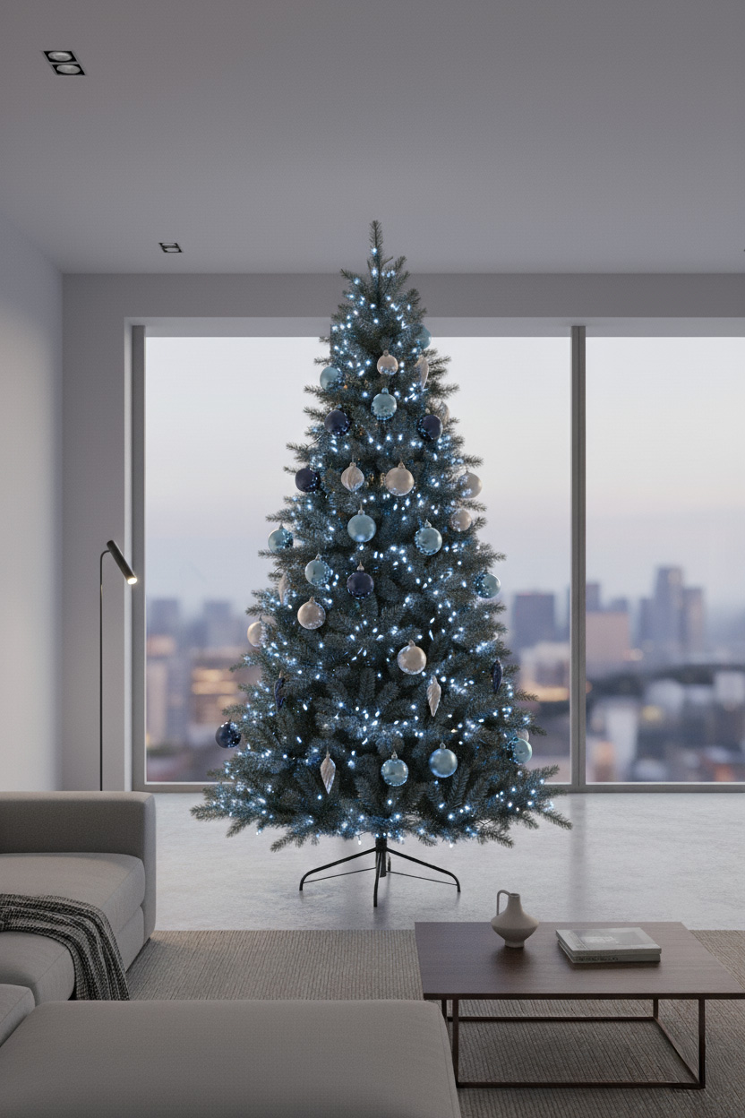 Choinka s bílomodrými ozdobami v moderním obývacím pokoji; velká okna, výhled na město.