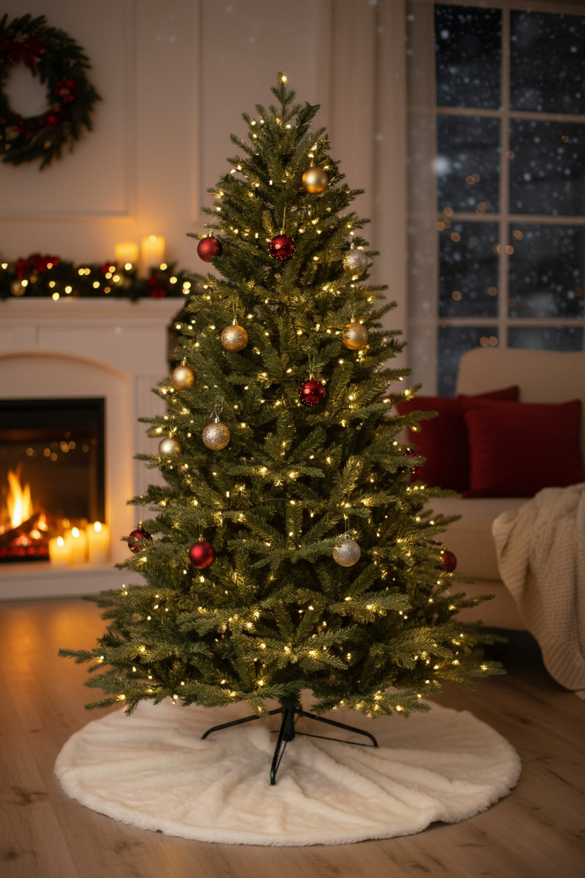 Choinka v krbové místnosti; teplá světýlka, krb a okno s nočním zimním výhledem.